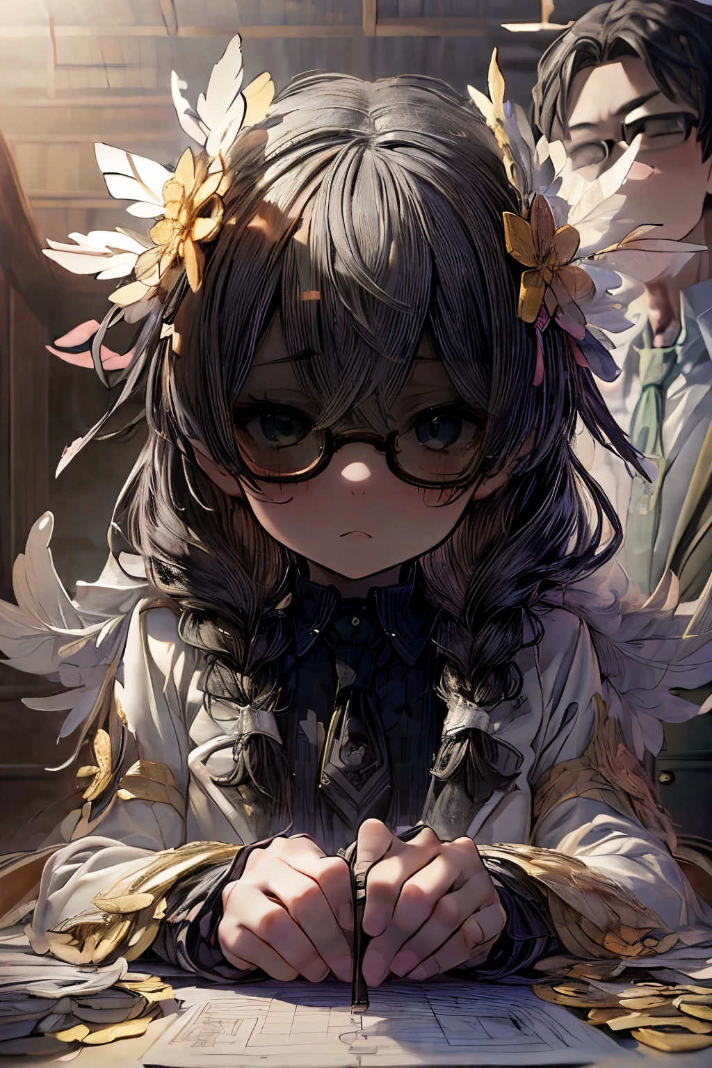 masterpiece, superfine illustration, best quality, 1girl, (1boy:1.5), (cfnm:1.3), pov, (penis), (handjob:1.5), chifuyuperson, (hair over eyes:1.3), glasses, (wings), angelic halo, cruel, serious, expressionless, emotionless, (very tired)