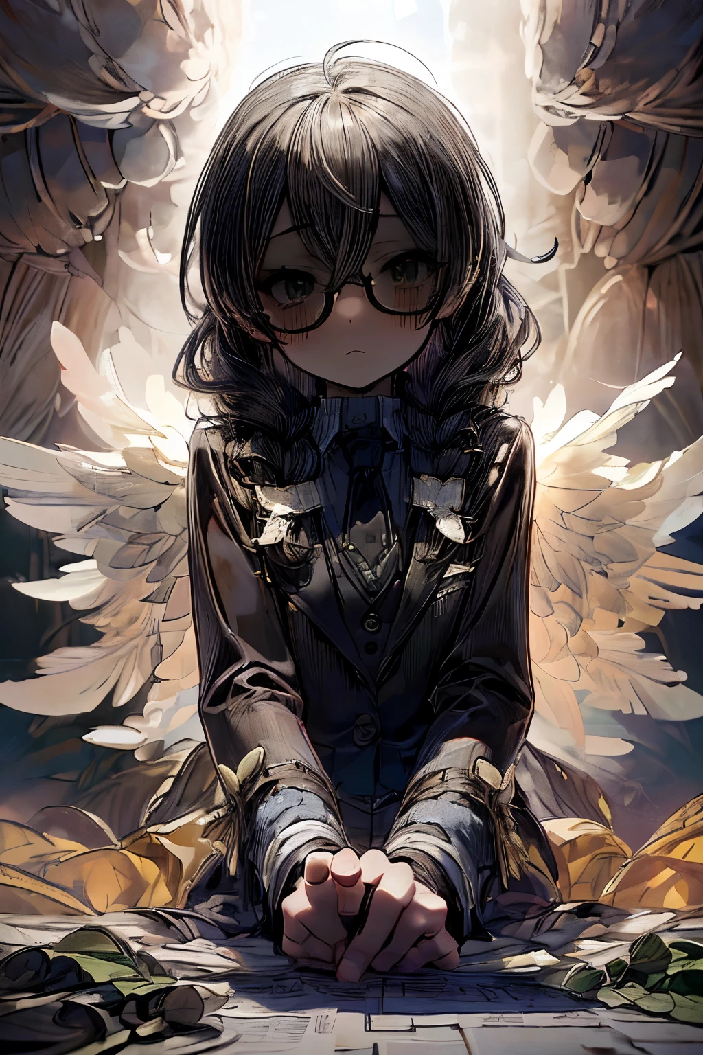 masterpiece, superfine illustration, best quality, 1girl, (1boy:1.5), (cfnm:1.3), pov, (penis), (handjob:1.5), chifuyuperson, (hair over eyes:1.3), glasses, (wings), angelic halo, cruel, serious, expressionless, emotionless, (very tired)