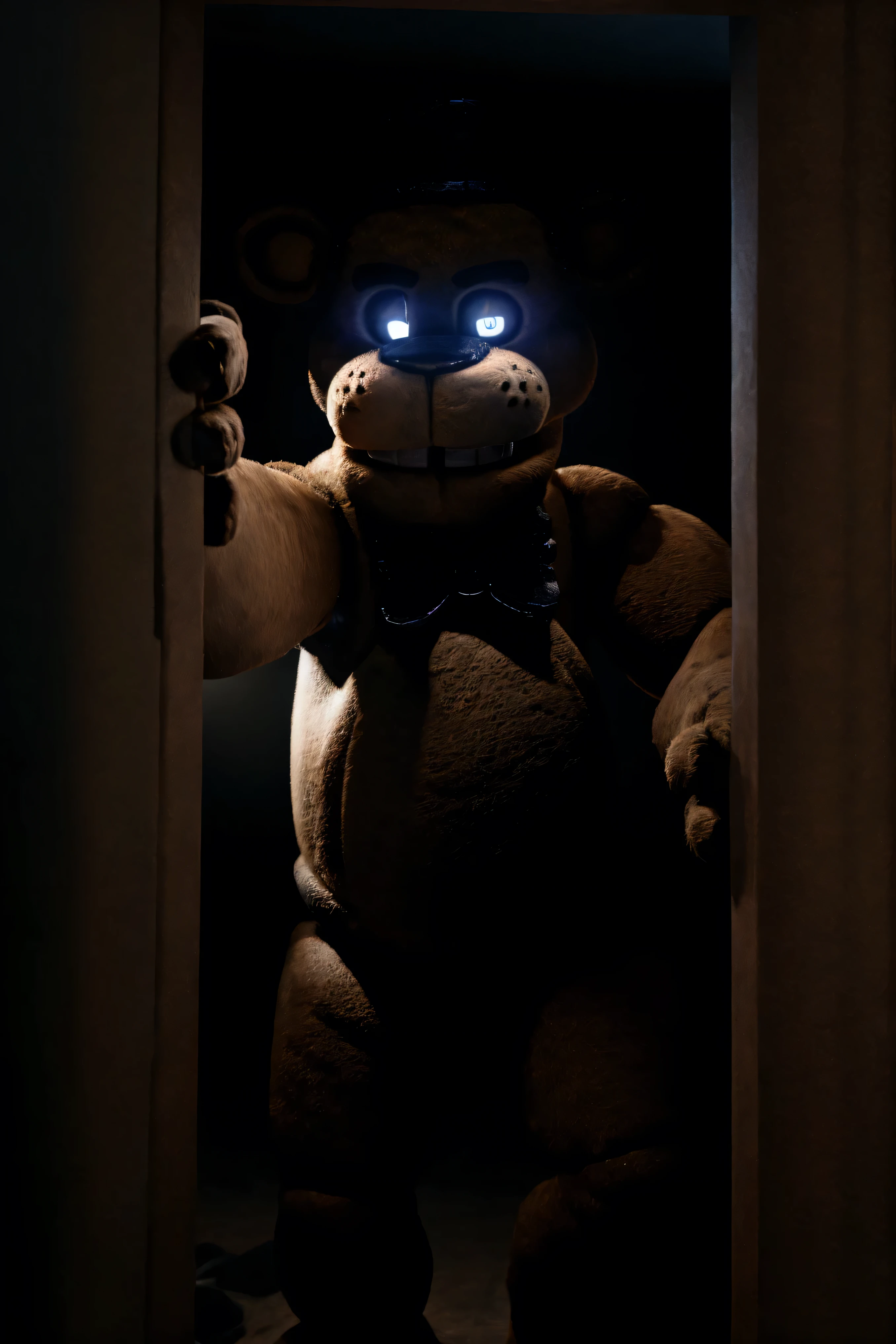 freddy, brown fur, 4k, hi res, 8k, detailed eyes, 8k eyes, eyes focus, white eyes, ((glowing eyes)), aggressive white lens flare, bedroom, dresser, lamp, top, ((no lights, pitch black dark room)), (reaching out pov), (creeping through door), Masterpiece, ultra detailed, realistic, detailed, full view, ((fully body shown)), freddy