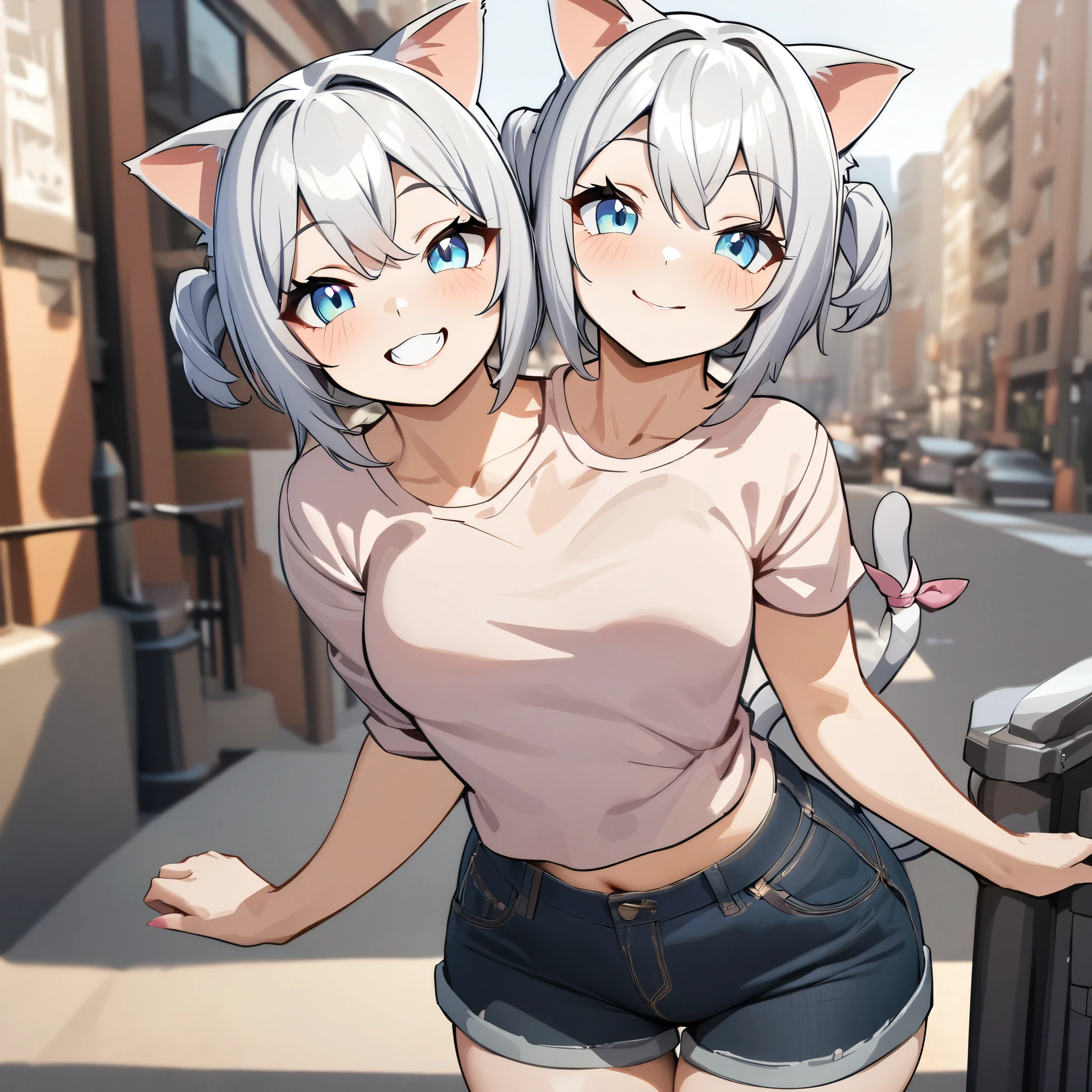 masterpiece, best quality, absurdres, three heads, conjoined, 1girl, cat ears, shirt, shorts, city background, smile