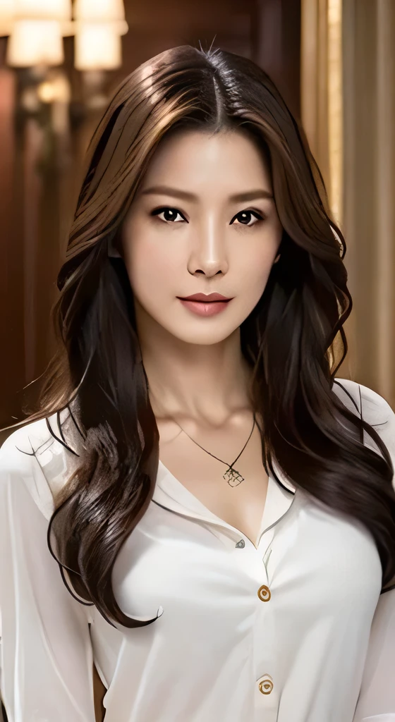 （highest quality，High resolution，masterpiece：1.3），Beautiful woman，Slim Abs，Loosely wavy dark brown hair，Big Breasts，Wear a pendant，White Button Down Blouse，band，Black Skirt,Beautifully expresses the fine details of the face and skin texture，Fine grain，double eyelid