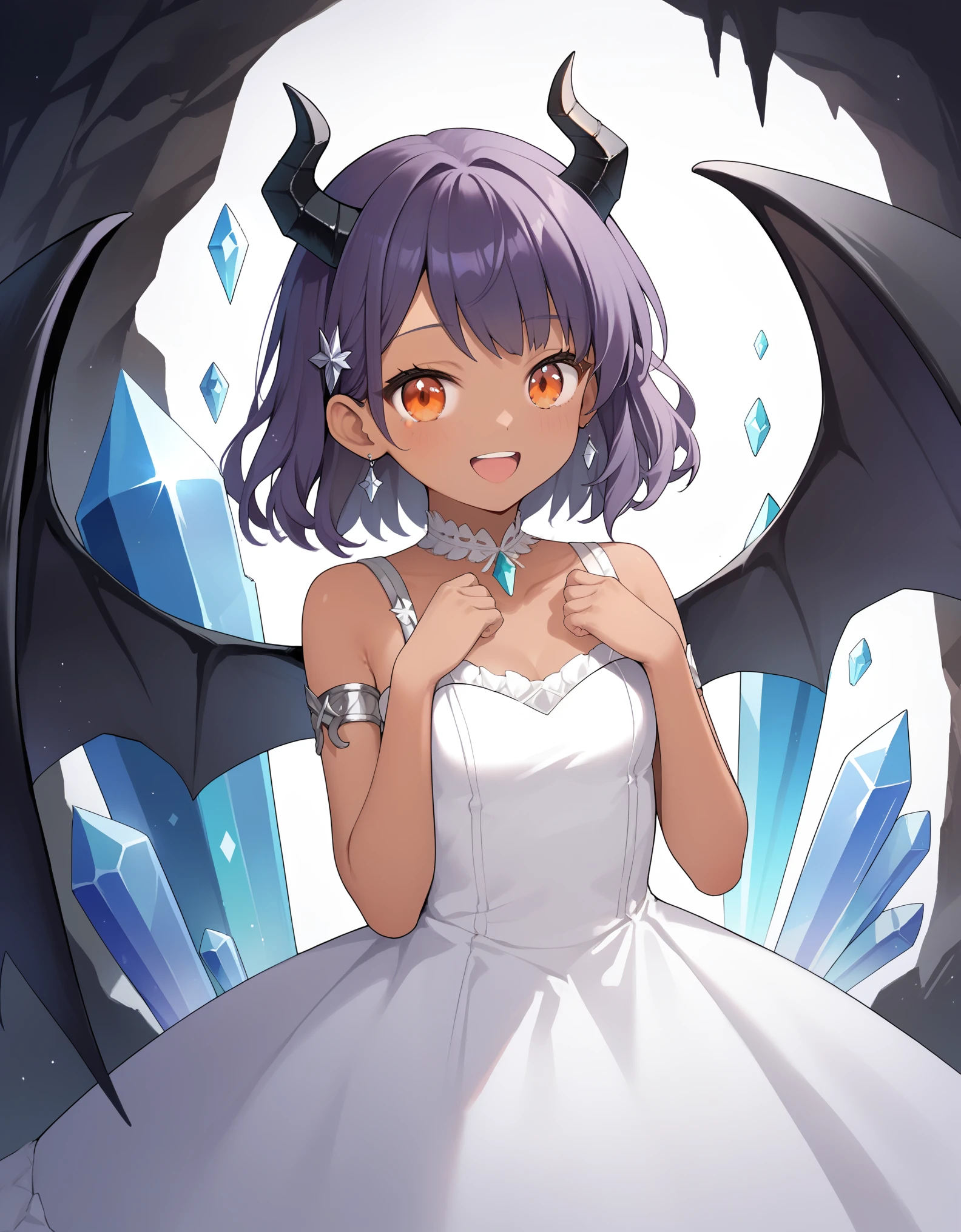 score_9, score_8_up, score_7_up, score_6_up, rating_safe, masterpiece, best quality, ultra detailed, anime style, 1girl, young, cute, (tanned skin), medium hair, purple hair, orange eyes, black horns, black wings, (large breasts:0.11), dress, cave, indoor, large cave, crystals, crystals on walls, warm colors, beautiful face, happy