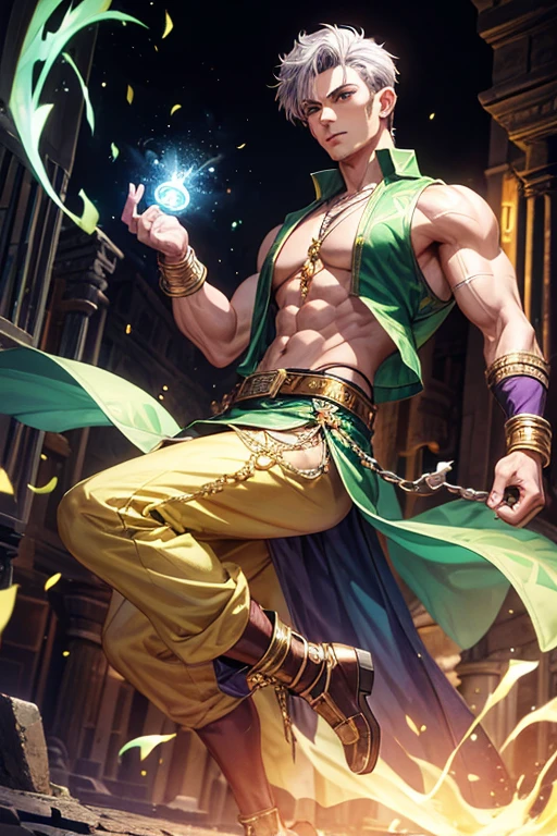 Aaron Diaz, 20 years old, short dark golden green hair, short messy hair, dark blue eyes, djinn clothing, light purple sleeveless open vest, light green vest with golden Arabic print, light silver Arabic pants, golden belt, djinn bracelet with silver gems, brown boots, phosphorescent green tattoos, surrounded by fire and green smoke, delegated muscles, hands tied with chains and feet surrounded by white chains, golden magic circles on each hand on a background of Arab ruins.