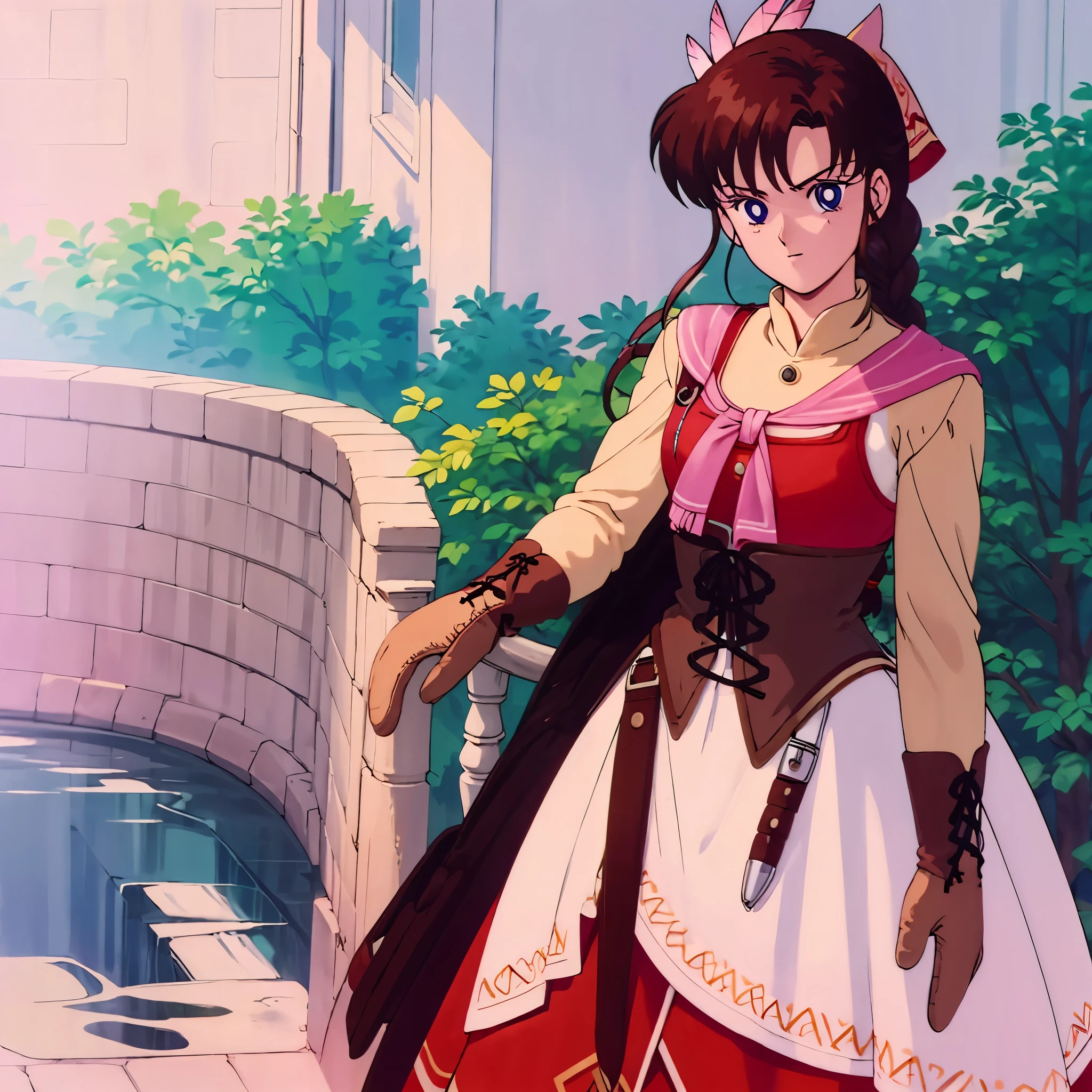 Masterpiece, solo, 1girl, upper body, yunica, braided ponytail, bandana, feather hair ornament, pink scarf, red dress, corset, apron, gloves, boots
