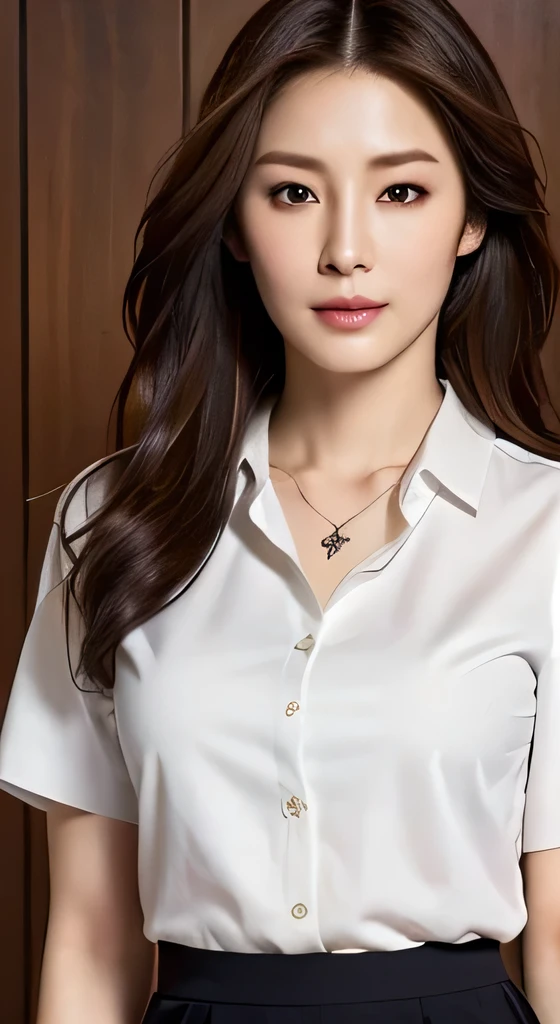 （highest quality，High resolution，masterpiece：1.3），Beautiful woman，Slim Abs，Loosely wavy dark brown hair，Big Breasts，Wear a pendant，White Button Down Blouse，band，Black Skirt,Beautifully expresses the fine details of the face and skin texture，Fine grain，double eyelid