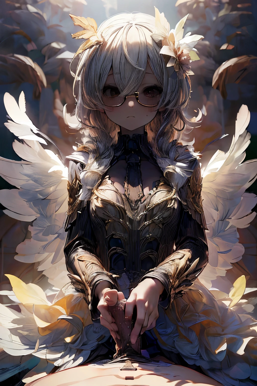 masterpiece, superfine illustration, best quality, 1girl, (1boy:1.5), (cfnm:1.3), pov, (penis), (handjob:1.5), chifuyuperson, (hair over eyes:1.3), glasses, (wings), angelic halo, cruel, serious, expressionless, emotionless, (very tired)