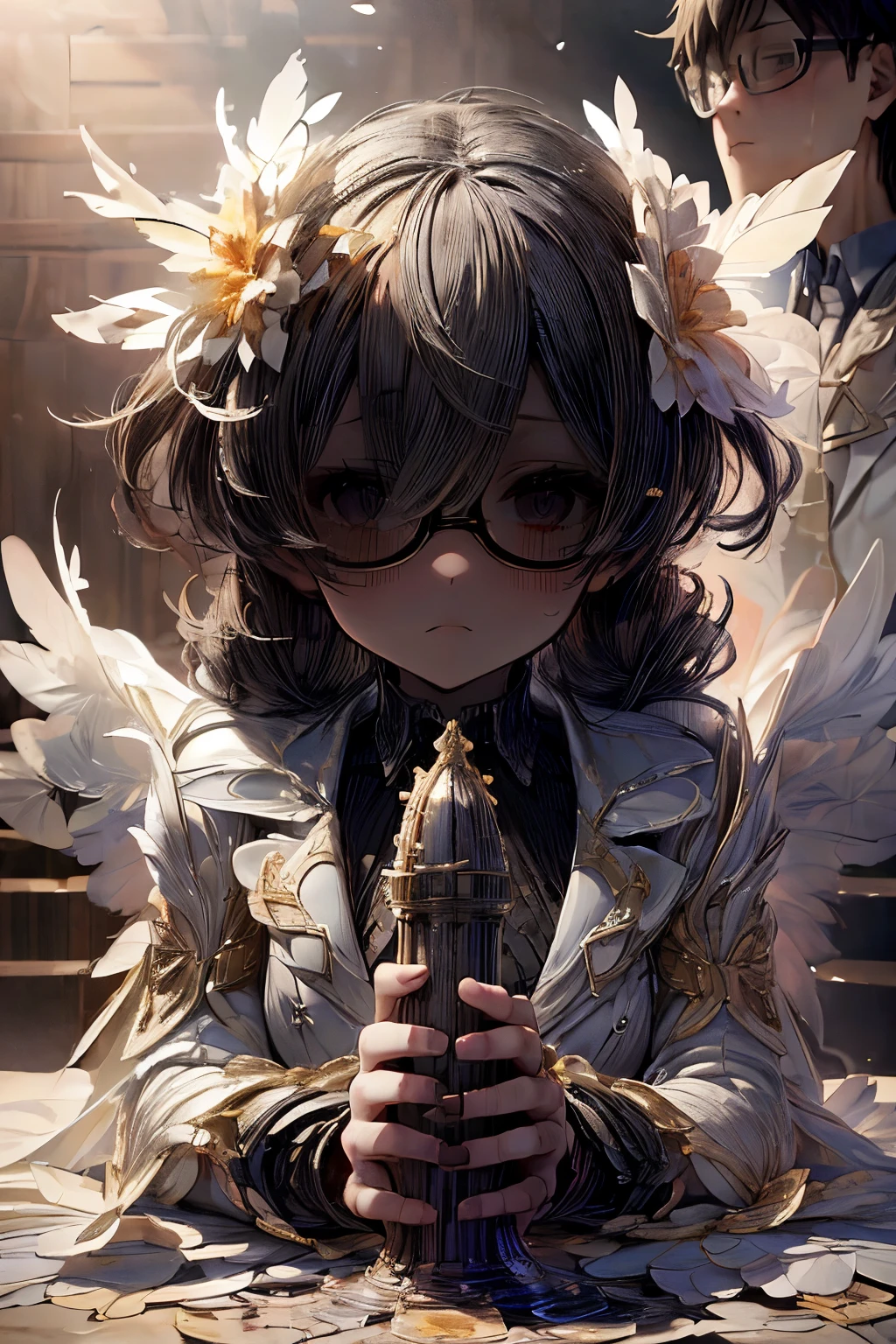 masterpiece, superfine illustration, best quality, 1girl, (1boy:1.5), (cfnm:1.3), pov, (penis), (handjob:1.5), chifuyuperson, (hair over eyes:1.3), glasses, (wings), angelic halo, cruel, serious, expressionless, emotionless, (very tired)