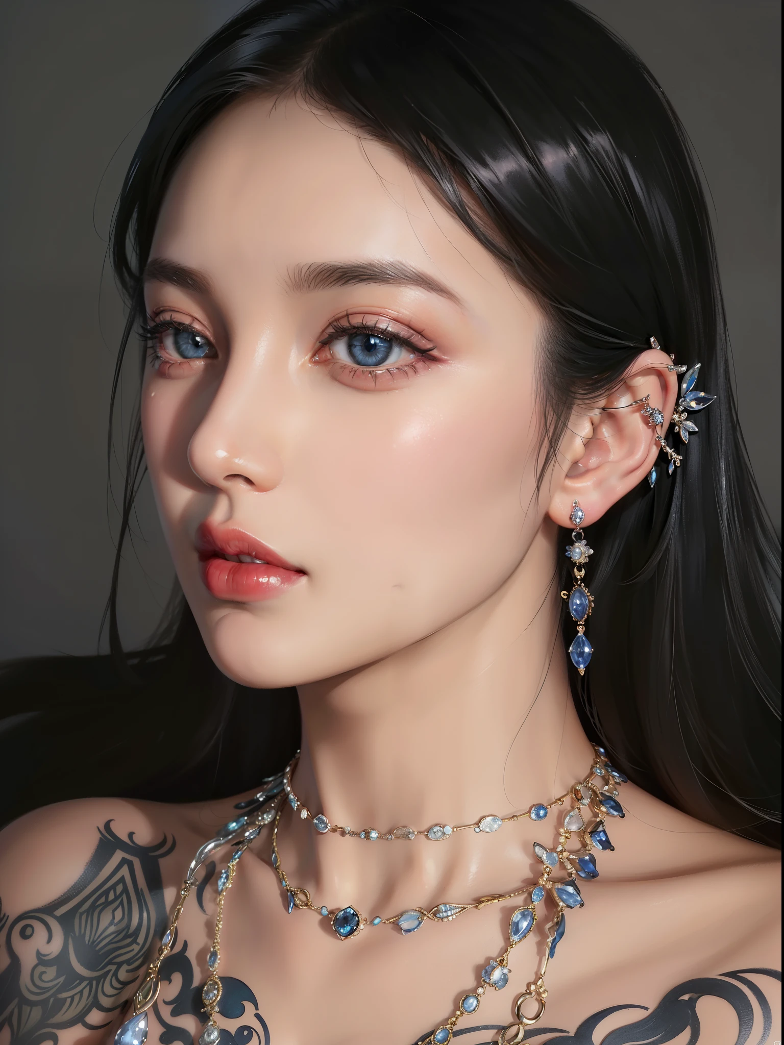 Super detailed, Delicate face, Realistic style, Stock Photography： ,  rich and colorful, Surrealism, Realistic textures, Dramatic Lighting, Thin Film Distiller 800 (8K, original photo, Better quality, masterpiece: 1.2), Super detailed, (Extremely delicate skin: 1.2), 8K Ultra HD, SLR camera, Soft Light, high quality，Snow Queen,ice castle，Blue pupils，Apply red lipstick，Tattoo goddess，With tattoo pattern，Ultra-clear portrait，apply lipstick，Wearing necklace jewelry，apply lipstick，Wear heavy makeup，The facial texture is very clear，Beautiful tattoos on the body，Deep blue eyes(Sapphire-like pupils)，A crown of luxury，Diamond necklace