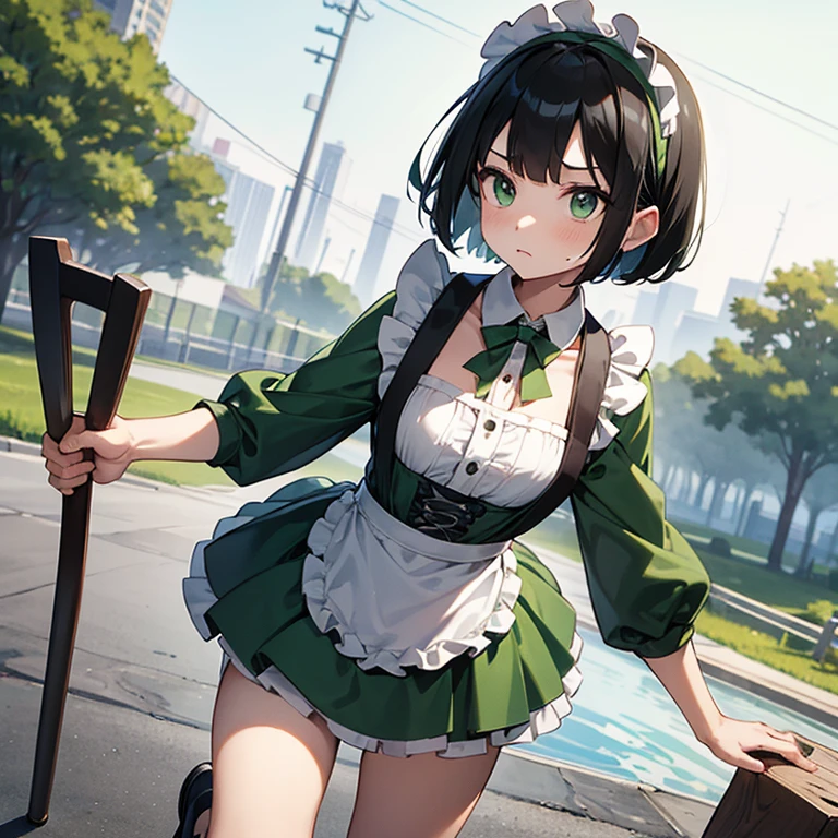 (hammer weapon : 3)(Hit the ground with a hammer : 2)(Green maid outfit with open chest : 3)Black Hair、White headband、Grey-green eyes、Short bob cut、18-year-old girl 、Breaking ground outside lake