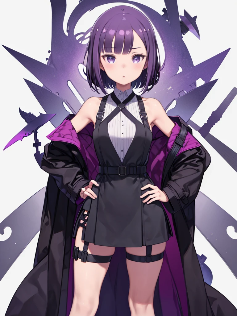 Close-up of a person in a short skirt and coat、One girl, young woman, alone, Purple Hair, short hair, Long side bangs, Big Hair, (amount), Purple eyes, Medium chest, neutral, (Overcoat, Black coat, Open Court:1.2), White shirt, Collared shirt, (Chest Harness, shoulder strap:1.15), Black shorts, garter belt, Thighs, gloves, elegant, avert your eyes, Simple Background, Transparent Background, Are standing, concentrate your hands on your hips, close, Face only, masterpiece, highest quality, 4K
