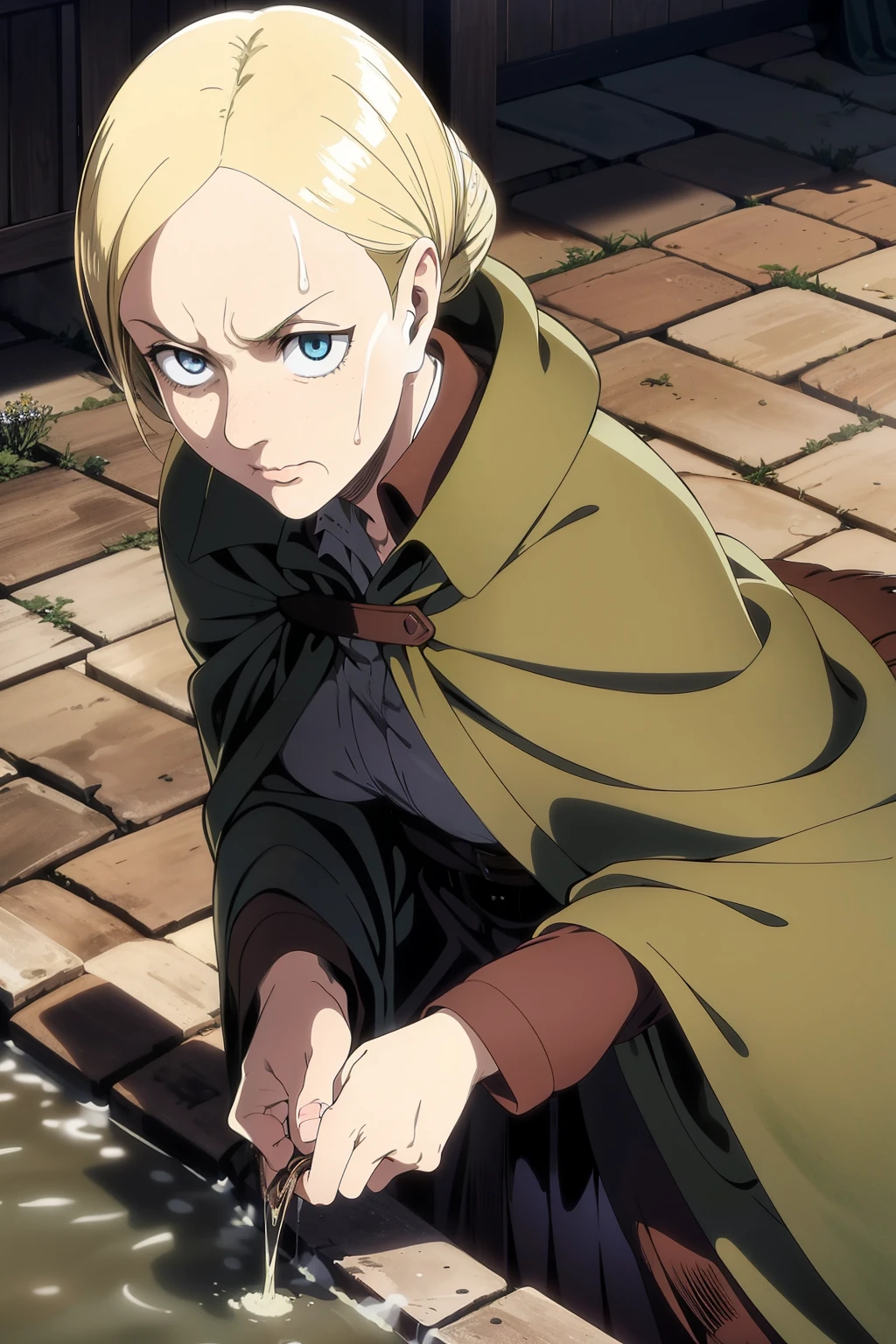 Grandma, clad in a vintage coat, stumbles into a murky puddle, her furrowed brow now etched with a frown as the foul odor seeps into her woolen garments. The quaint, rustic background of old brick houses and a swaying, leafless tree is momentarily marred by the bright, offensive splash. Her wrinkled hands clutch the edge of the puddle, a desperate attempt to regain balance, while her eyes, filled with a mix of surprise and disgust, meet the viewer's gaze. A single, white handkerchief, dotted with age spots, is clutched in her hand, ready to w