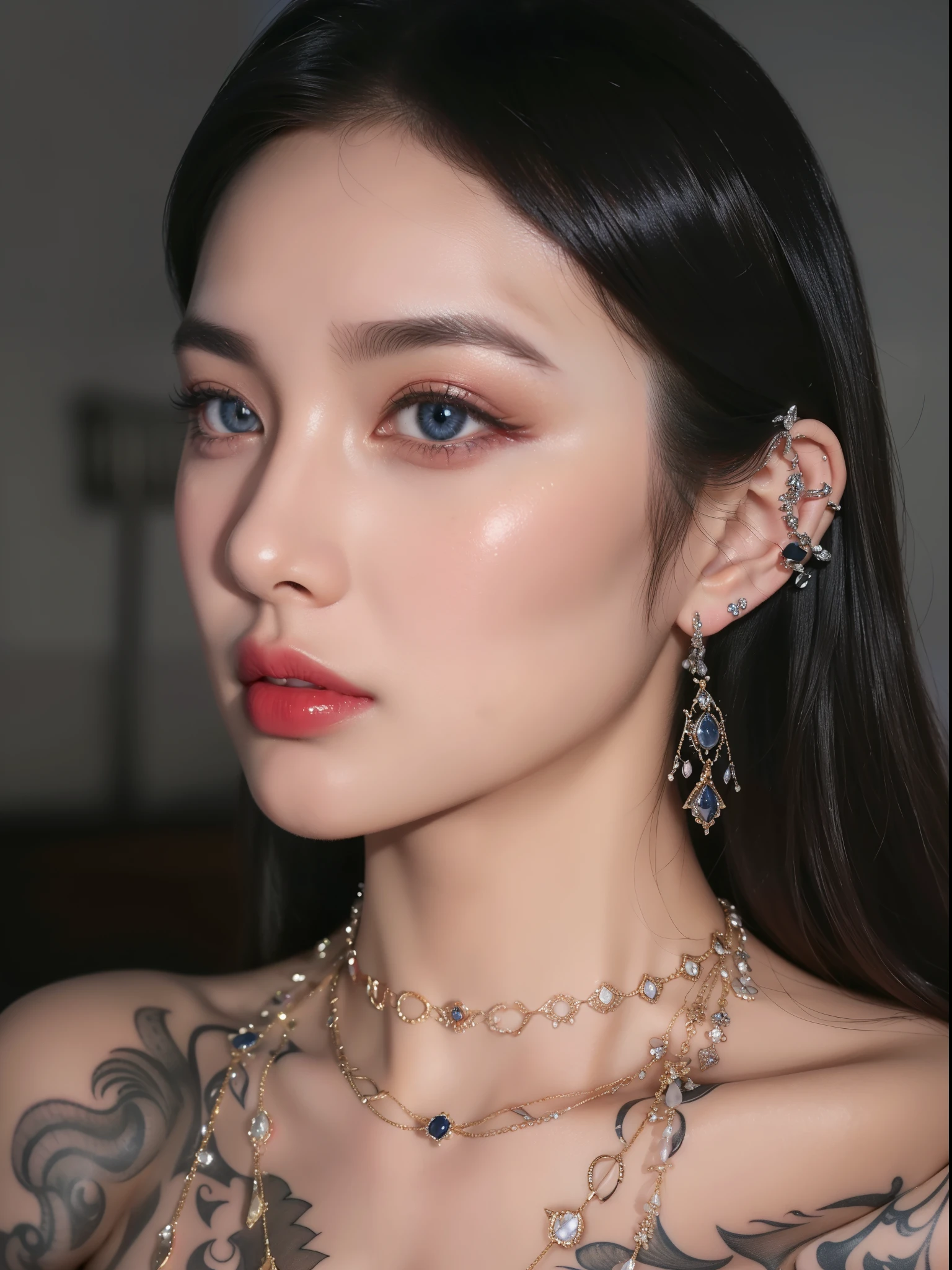 Super detailed, Delicate face, Realistic style, Stock Photography: , rich and colorful, Surrealism, Realistic textures, Dramatic Lighting, Thin Film Distiller 800 (8K, original photo, Better quality, masterpiece: 1.2), Super detailed, (Extremely delicate skin: 1.2), 8K Ultra HD, SLR camera, Soft Light, high quality,Snow Queen,ice castle,Blue pupils,Apply red lipstick,Tattoo goddess,With tattoo pattern,Ultra-clear portrait,apply lipstick,Wearing necklace jewelry,apply lipstick,Wear heavy makeup,The facial texture is very clear,Beautiful tattoos on the body,Deep blue eyes(Sapphire-like pupils),A crown of luxury,Diamond necklace