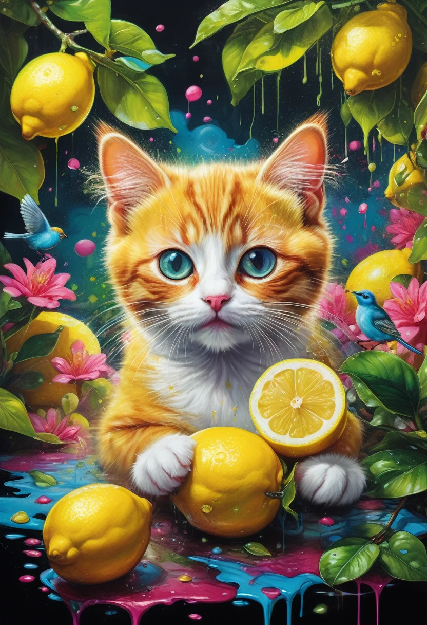 lemon eating challenge, Baby Cat eating a lemon with a kawaii face  in a colorful jungle with tiny birds around him, graffiti art, splash art, street art, spray paint, oil gouache melting, acrylic, high contrast, colorful polychromatic, ultra detailed, ultra quality, CGSociety