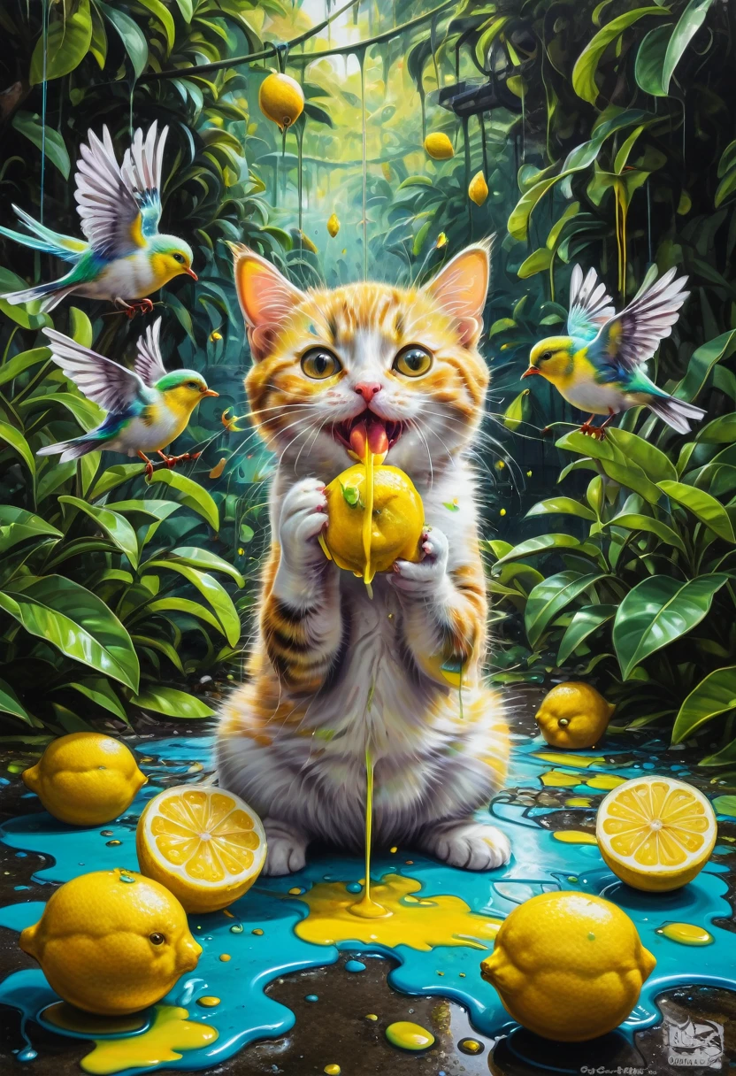 lemon eating challenge,  Cat eating a lemon with a kawaii face in a colorful jungle with tiny birds around him, graffiti art, splash art, street art, spray paint, oil gouache melting, acrylic, high contrast, colorful polychromatic, ultra detailed, ultra quality, CGSociety