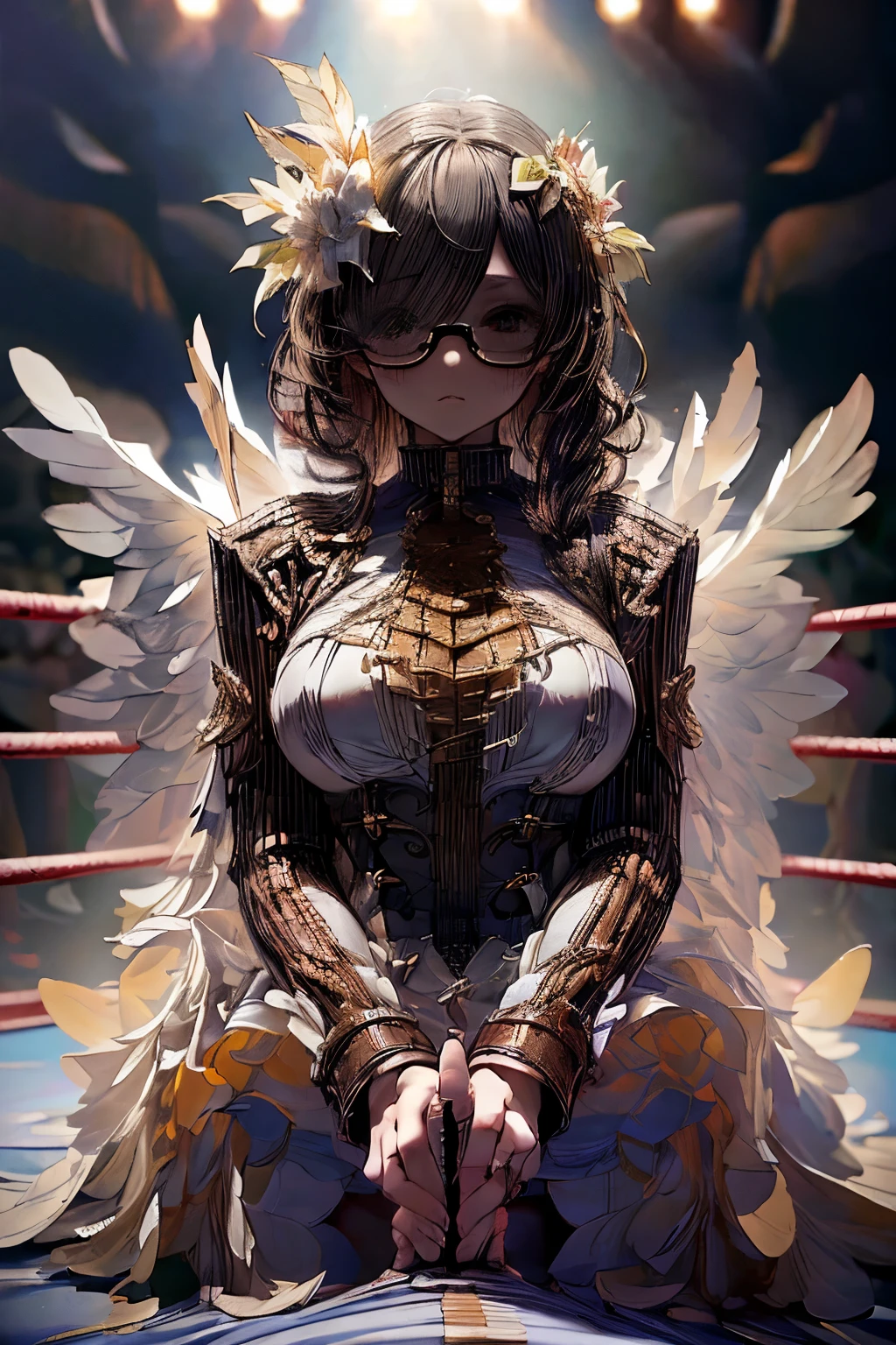 masterpiece, superfine illustration, best quality, 1girl, (1boy:1.5), (cfnm:1.3), pov, (holding a big dick in her hand giving a man's dick a handjob:1.3), chifuyuperson, (hair over eyes:1.3), glasses, (wings), angelic halo, cruel, serious, expressionless, emotionless, (very tired), (wrestling ring:1.5)