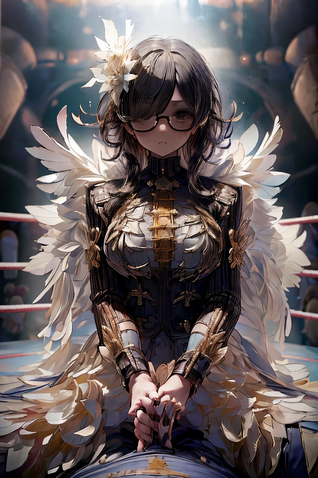 masterpiece, superfine illustration, best quality, 1girl, (1boy:1.5), (cfnm:1.3), pov, (holding a big dick in her hand giving a man's dick a handjob:1.3), chifuyuperson, (hair over eyes:1.3), glasses, (wings), angelic halo, cruel, serious, expressionless, emotionless, (very tired), (wrestling ring:1.5)