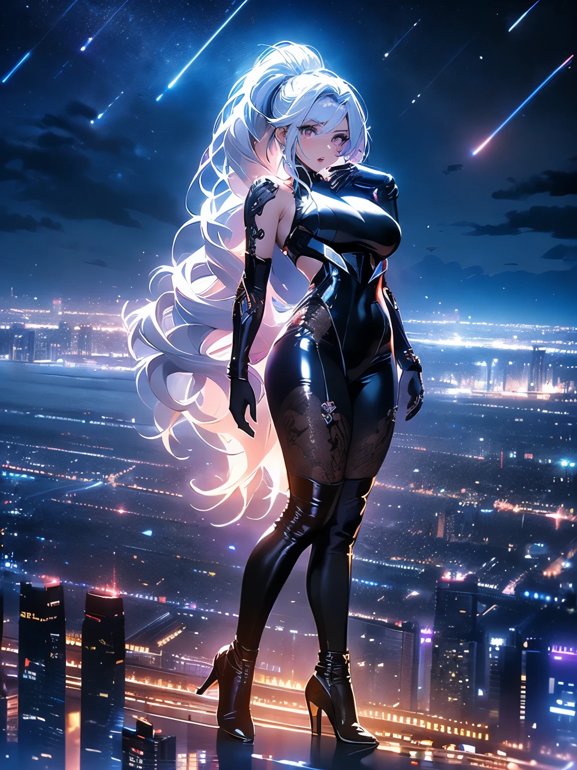 anime, (artwork, best quality, ultra-detailed, high contrast), 1 woman (Alone, full body, plus size body, standing on the edge of the skyscraper, silver hair, LONG In a ponytail, red eyes (detailed eyes), passionate expression, red lips (perfect lips), ruby sparkles, (simple black qipao), high heel boots neon pink), transparent black socks), (skyscraper roof, overlooking a city, detailed background ((night time, Darkness, low light pollution))) face in close