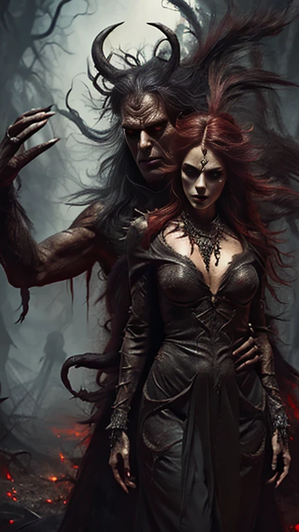 4k Realistic ultra detailed photography of a dark demon shrouded in smoke holding a gothic woman with red eyes in his arms, gothic woman wearing a gothic maxi leather dress decorated with skulls and bones, face and body realistically depicted in ultra detail, photo background is dark and gothic influences