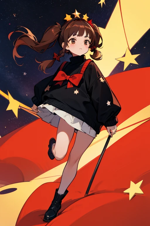 Mujer, brown hair in two pigtails, diadema de cuero roja, black sweater with stars, zapatos negros 