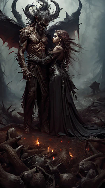 4k Realistic ultra detailed photography of a dark demon shrouded in smoke holding a gothic woman with red eyes in his arms, gothic woman wearing a gothic maxi leather dress decorated with skulls and bones, face and body realistically depicted in ultra detail, photo background is dark and gothic influences