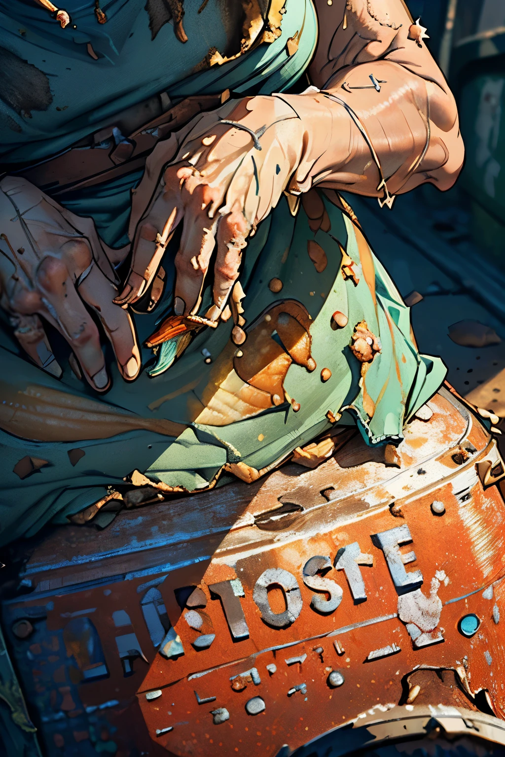 ((Grandmaster's Portrayal, Stark Reality, Grotesque Narrative))
(Wrinkled and weathered skin), (High Definition, 4K Wallpaper, High Resolution), (Grandma's Old Age, 85mm f/1.4 Lens), (1 old woman), (Sitting on a rusty trash can:1.5), (Wearing old clothes, stained apron), (Holding a rotten fish in her hands, fish entrails visible:1.5), (Close-up shot, Adverse Depth of Field:1.5), (Trash-filled Alleyway, Dilapidated