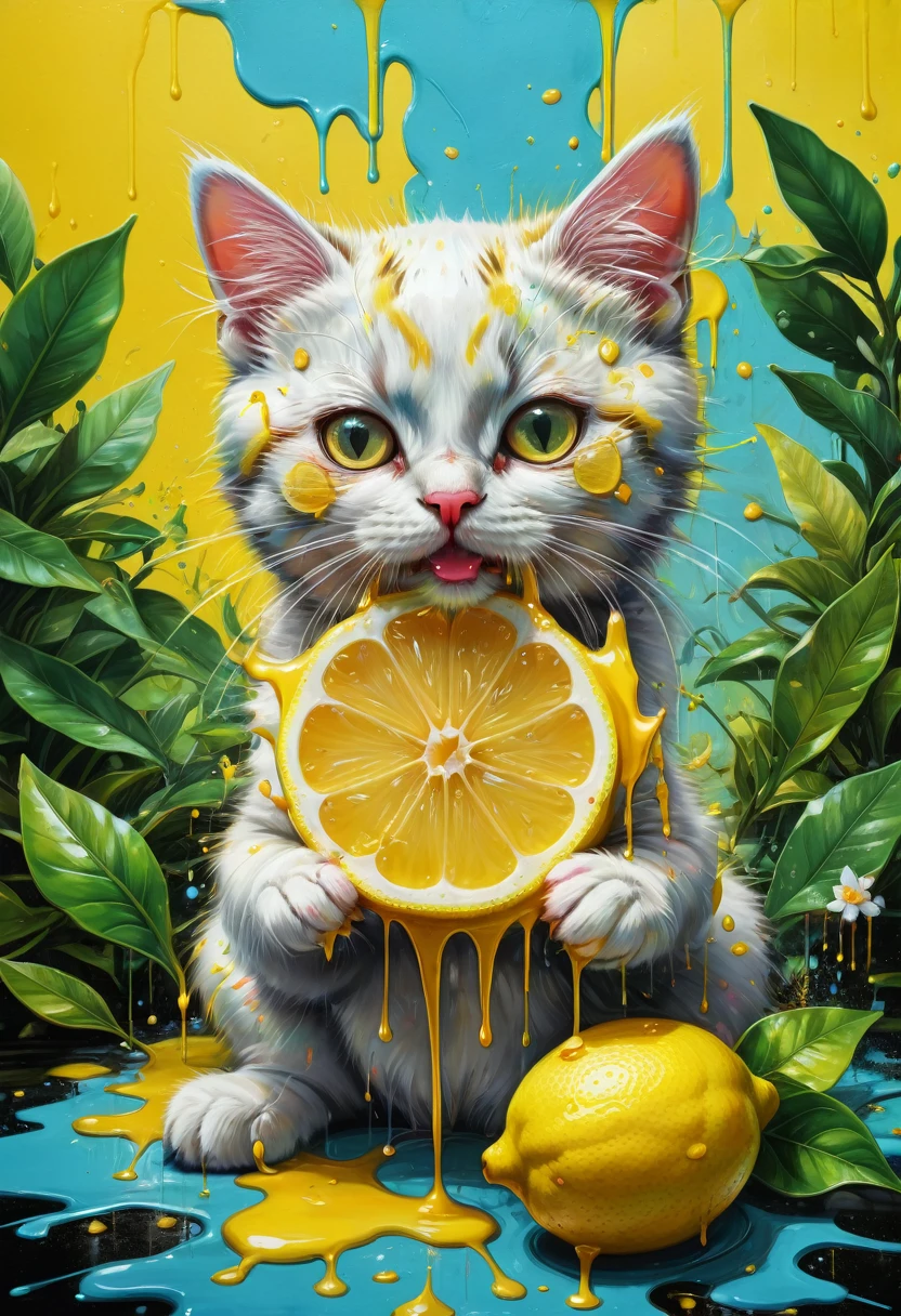 lemon eating challenge, Baby Cat eating a lemon with a kawaii face in a colorful jungle with tiny birds around him, graffiti art, splash art, street art, spray paint, oil gouache melting, acrylic, high contrast, colorful polychromatic, ultra detailed, ultra quality, CGSociety