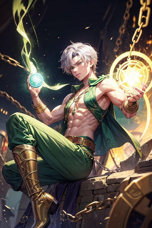 Aaron Diaz, 20 years old, short dark golden green hair, short messy hair, dark blue eyes, djinn clothing, light purple sleeveless open vest, light green vest with golden Arabic print, light silver Arabic pants, golden belt, djinn bracelet with silver gems, brown boots, phosphorescent green tattoos, surrounded by fire and green smoke, delegated muscles, hands tied with chains and feet surrounded by white chains, golden magic circles on each hand on a background of Arab ruins.