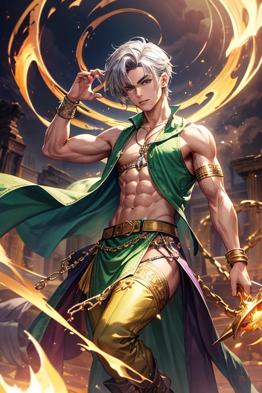 Aaron Diaz, 20 years old, short dark golden green hair, short messy hair, dark blue eyes, djinn clothing, light purple sleeveless open vest, light green vest with golden Arabic print, light silver Arabic pants, golden belt, djinn bracelet with silver gems, brown boots, phosphorescent green tattoos, surrounded by fire and green smoke, delegated muscles, hands tied with chains and feet surrounded by white chains, golden magic circles on each hand on a background of Arab ruins.