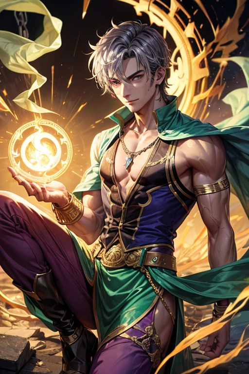 Aaron Diaz, 20 years old, short dark golden green hair, short messy hair, dark blue eyes, djinn clothing, light purple sleeveless open vest, light green vest with golden Arabic print, light silver Arabic pants, golden belt, djinn bracelet with silver gems, brown boots, phosphorescent green tattoos, surrounded by fire and green smoke, delegated muscles, hands tied with chains and feet surrounded by white chains, golden magic circles on each hand on a background of Arab ruins.