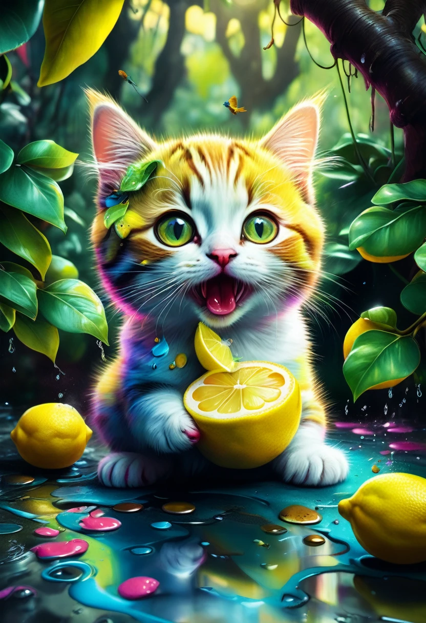 lemon eating challenge, Baby Cat eating a lemon with a kawaii face in a colorful jungle with tiny birds around him, graffiti art, splash art, street art, spray paint, oil gouache melting, acrylic, high contrast, colorful polychromatic, ultra detailed, ultra quality, CGSociety
