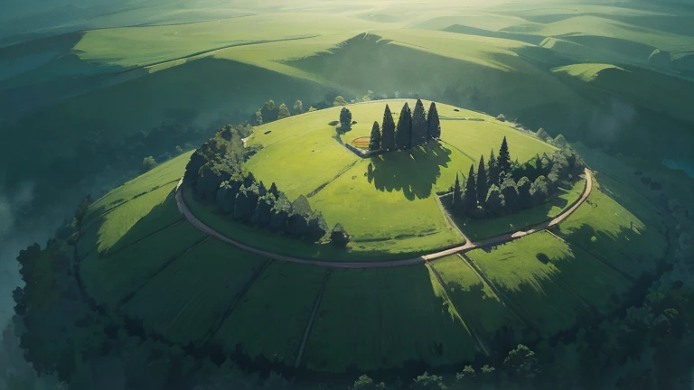 (top down) aerial view of a breast-shaped hill covered with tall grass and trees at night, remote, uninhabited, (midnight), (night-time)