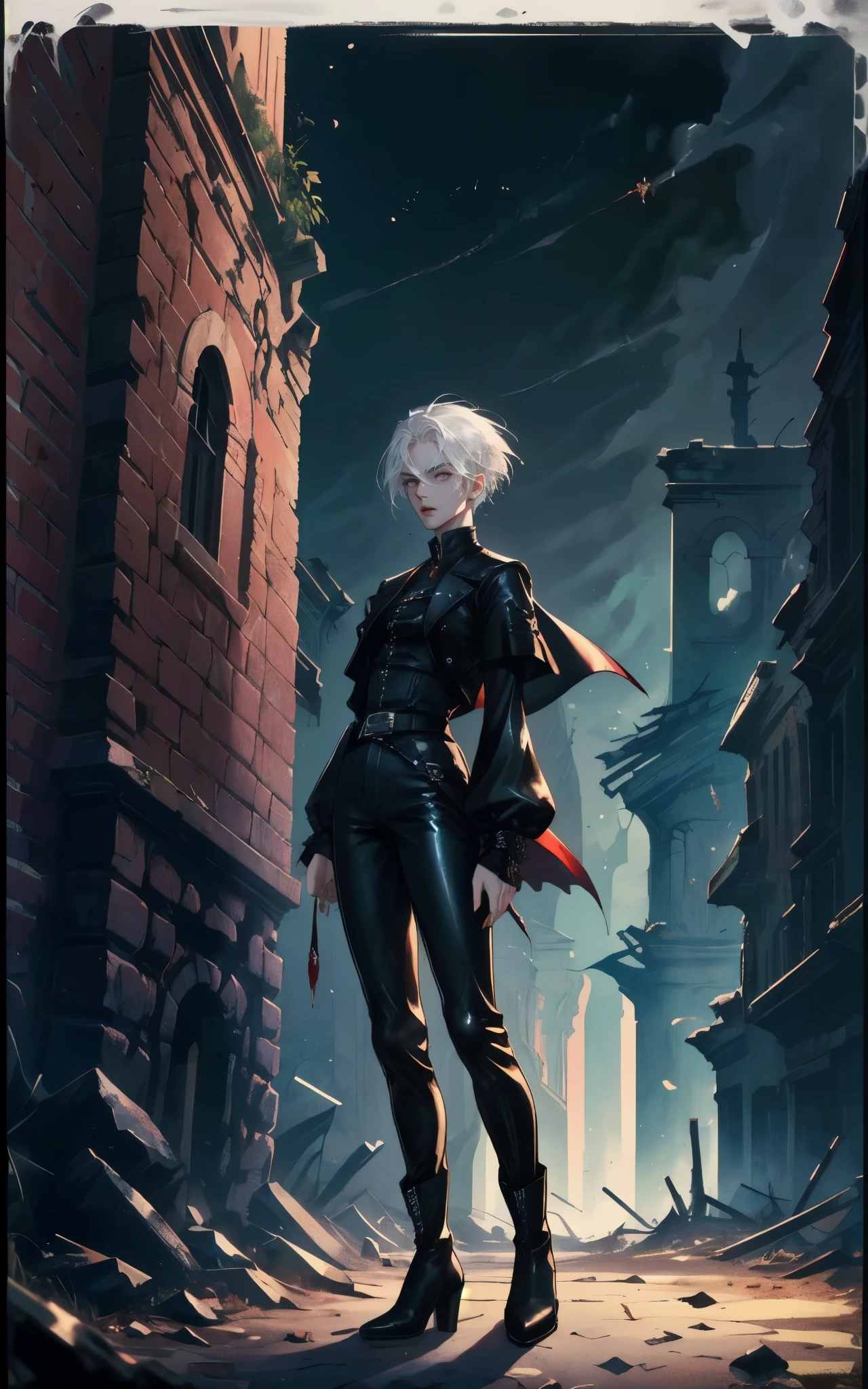 (/(castlevania/) style:1.3), (1person, futanari, androgynous:1.5),(thin, skinny:1.3),(pale skin, light grey skin color:1.3),(short hair, white hair:1.4),(grey eyes:1.3),((black outfit, black clothes), leather outfit, rouge outfit, pants, boots:1.5),(holding knives), night sky on background /( victorian city/), masterpiece, best quality, ultra-detailed, tessellation, depth of field, ultra realistic, poster, style of artstation, illustration, cinematic, atmospheric shot, seductive body proportions, high saturation image, high sharp character, many small details, detailed iris of eyes,(ruins background, detailed background, nighttime:1.2),(blood splashes, knives:1)