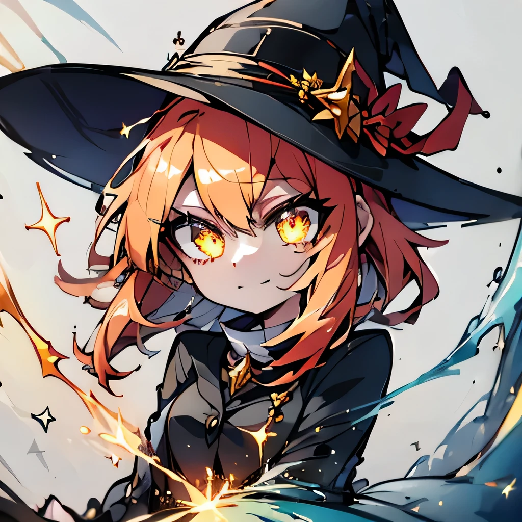 A harpy magician holding out a hand, bird girl, bunny suit, magician hat, winking, star-filled eyes, sparkles, fireworks, cute expression, excited expression, orange hair