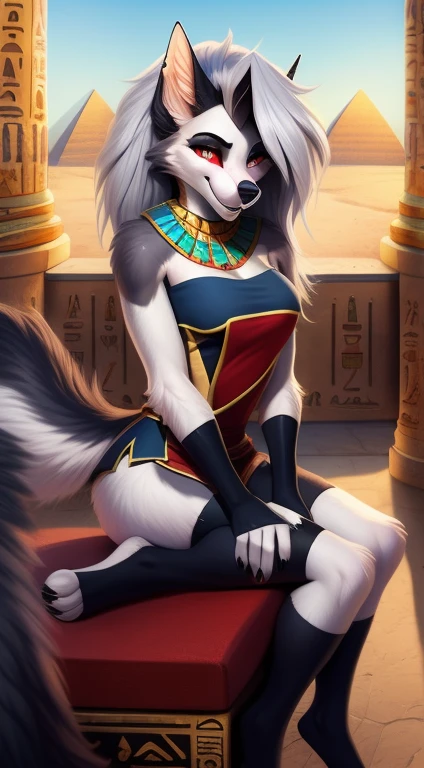Von iskra, von wolfy-nail, von Personalami, Helluva Boss, Loona Hellhound, Loona, weiblich, (detailliert), Ansicht des Betrachters, flauschig, solo, high resolution, fotorealistisch, ((evil smile)), happy, Detailliert,((Detailed eyes)), full-body, Weiblich, mager weiblich, looks happy, Blick auf den Betrachter, (Detailliert), flauschig, fotorealistisch, detailliertes Fell, anatomoy correct tail, ((tail correct Position)), five fingers, (((egyptian clothes))), sitting position, (( sitting on an egyptian thron)), as pharao, anubis clothes, ((golden Jewelry)), bid , egyptian pyramids in the background,
