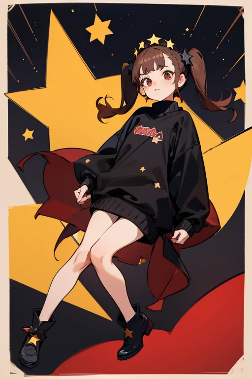 Mujer, brown hair in two pigtails, diadema de cuero roja, black sweater with stars, zapatos negros