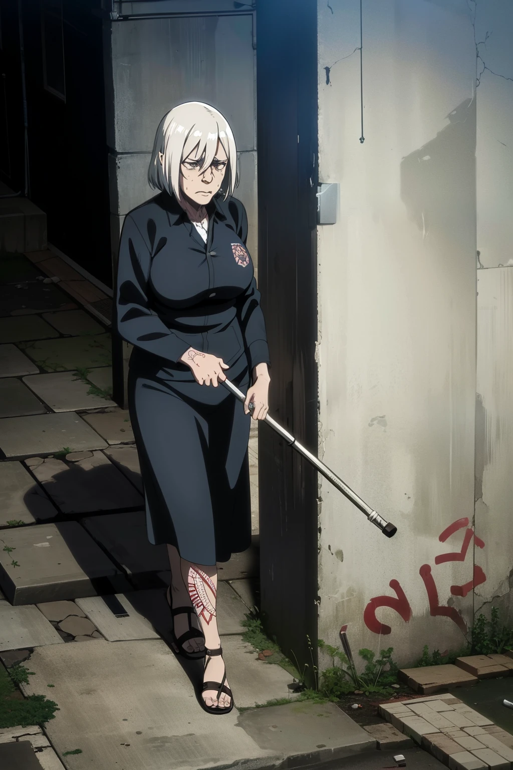 Crime Scene, Dramatic Image, Granny, Elderly woman, Crutch, Walking cane, Confrontation, Drug Addict, Alleyway, Urban, Night, Shadowy, Dilapidated, Cane striking, Violence, Desperate, Struggle, Wrinkled skin, Creased face, Tousled hair, Dishevelled, Dirty clothes, Drugs scattered, Nervous twitches, Tattooed arms, Sleeve rolled up, Drug needle, Aging hands, Fury, Grudge, Resilience, Pain, Grit, Survivor.