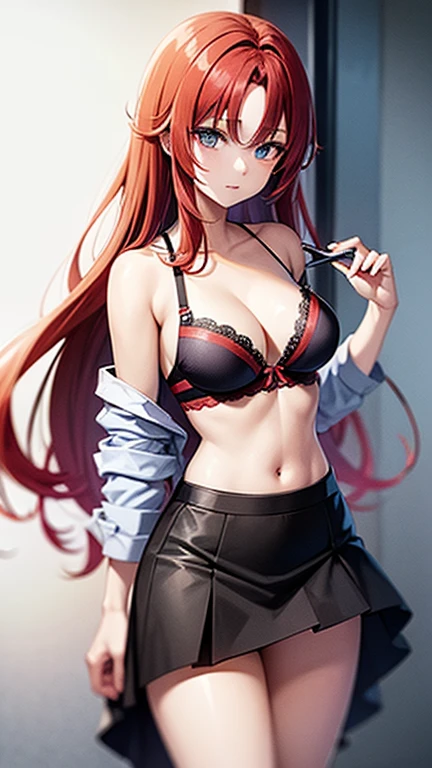An anime girl with red hair and blue eyes wearing a skirt and an open shirt revealing a black and red bra