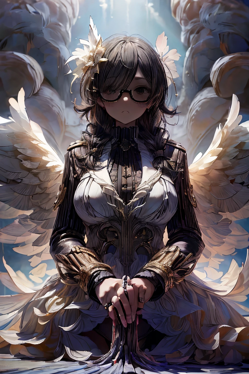 masterpiece, superfine illustration, best quality, 1girl, (holding a big dick in her hand giving a man's dick a handjob:1.3), chifuyuperson, (hair over eyes:1.3), glasses, wings, angelic halo, cruel, serious, expressionless, emotionless, (very tired), (wrestling ring)