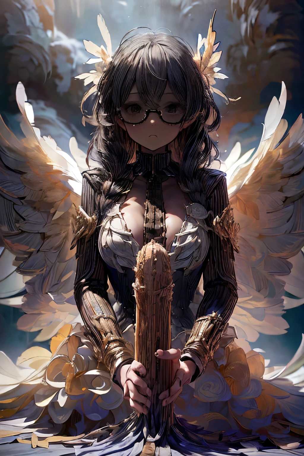 masterpiece, superfine illustration, best quality, 1girl, (holding a big dick in her hand giving a man's dick a handjob:1.3), chifuyuperson, (hair over eyes:1.3), glasses, wings, angelic halo, cruel, serious, expressionless, emotionless, (very tired), (wrestling ring)