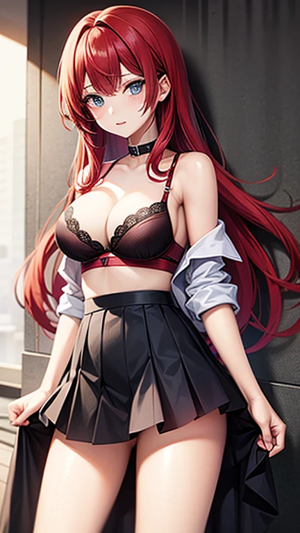 An anime girl with red hair and blue eyes wearing a skirt and an open shirt revealing a black and red bra