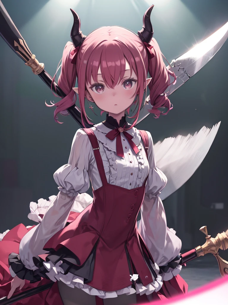 木の前で大きなHas an axe茶色のドレスを着た女性、Linear,One girl,alone,Short Twin Tails,Hair between the eyes,Pink Hair,Medium Hair,Devil horns,Dark red hair ribbon,Pointed Ears,Purple eyes, Ruffled shirt collar,Dark red choker,White frill shirt,Juliet Sleeve,Long sleeve,Dark red neck ribbon,Dark red dress,White ruffle dress,White layered dress,Brown corset,Striped pantyhose, Mary Jane,Outdoor,Battle Axe,Has an axe, Amazing visuals, High resolution,masterpiece,highest quality,Amazing visuals,High resolution,masterpiece,highest quality,18-year-old,young woman,Beautiful fingers,Beautiful long legs,Beautiful body,Beautiful character design