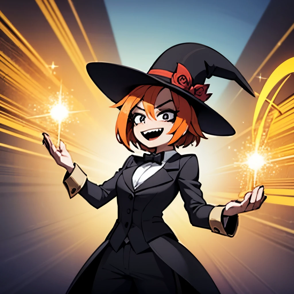 a harpy magician holding out a hand, bird girl, magician's top hat, winking, star-filled eyes, sparkles, fireworks, cute expression, excited expression, orange hair, fantasy, intricate details, digital painting, cinematic lighting, vibrant colors, sharp focus, hyper-realistic, masterpiece