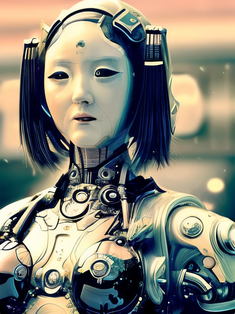 sci-fi, realistic photo, face close up, 1 mechanical girl, mechanical parts, mechanical face, very detailed face, mechanical eye, some of skin elements are mechanical, cybernetic, puppet, android geisha, wearing traditional Japanese clothing and a parasol, elegant mix of japanese woman and mechanical robot, japanese android geisha, traditional geisha clothing, beauty mechanical geisha, geisha hairstyle, Portrait of a mechanical geisha, mechanical parts, mechanical face, mechanical hands, visible mechanical element (mechanical body,mechanical arms :1.4), face closeup shot depth of field, film grain, raw photo