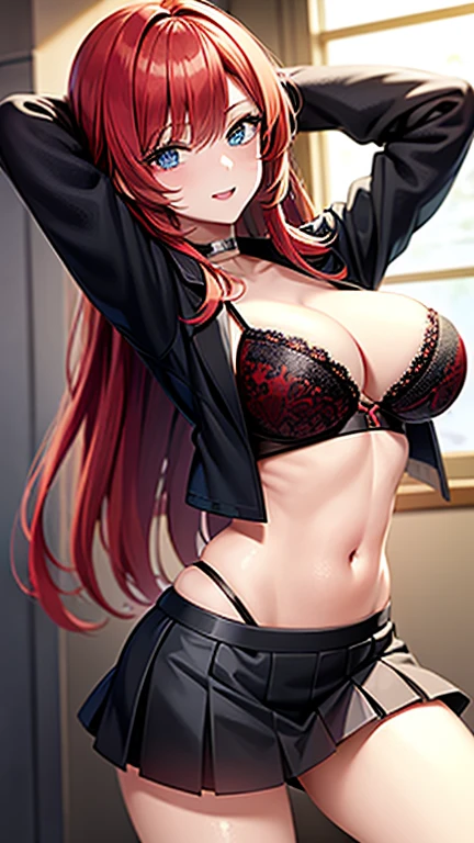 An anime girl with red hair and blue eyes wearing a skirt and an open shirt revealing a black and red bra