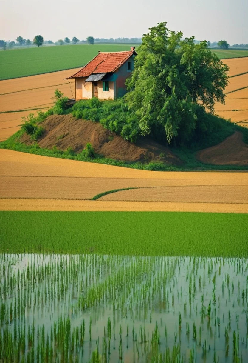 (A house in a field with a tree next to the house, a house on a small hill around it was flooded with water) in the style of primitivism.  A rich palette, a special writing technique, aesthetics, beauty and charm. Thematic Art of Life Visual poetry transcends traditional boundaries and confronts the dynamic interplay of creativity and technology.
