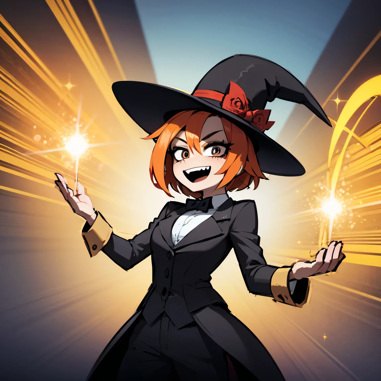 a harpy magician holding out a hand, bird girl, magician's top hat, winking, star-filled eyes, sparkles, fireworks, cute expression, excited expression, orange hair, fantasy, intricate details, digital painting, cinematic lighting, vibrant colors, sharp focus, hyper-realistic, masterpiece