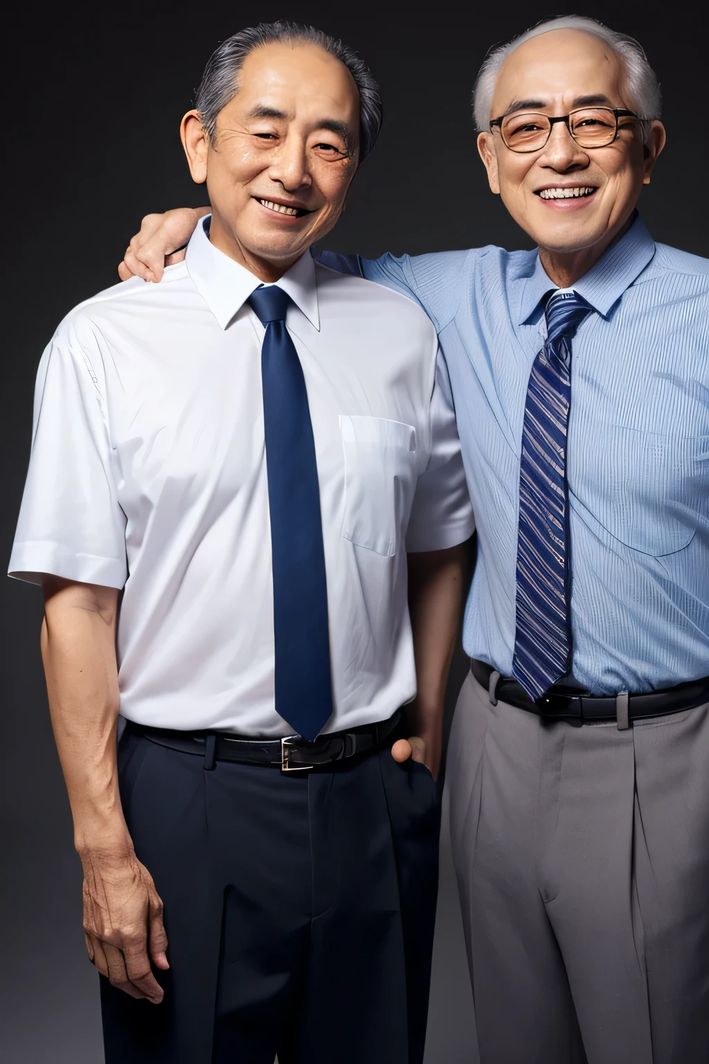 Two elderly Japanese men, very unfit, their shirts sticking out from their backs over their pants, their pants a little short, wearing underwear under their dress shirts, their underwear showing from their necks, very bad. Fat, built like Hollywood star Robert Morley, wearing gray slacks, blue tie, big belly, thin hair on his head, short-sleeved striped shirt, sweat stains visible under his armpits, no mouth. Open it and laugh,