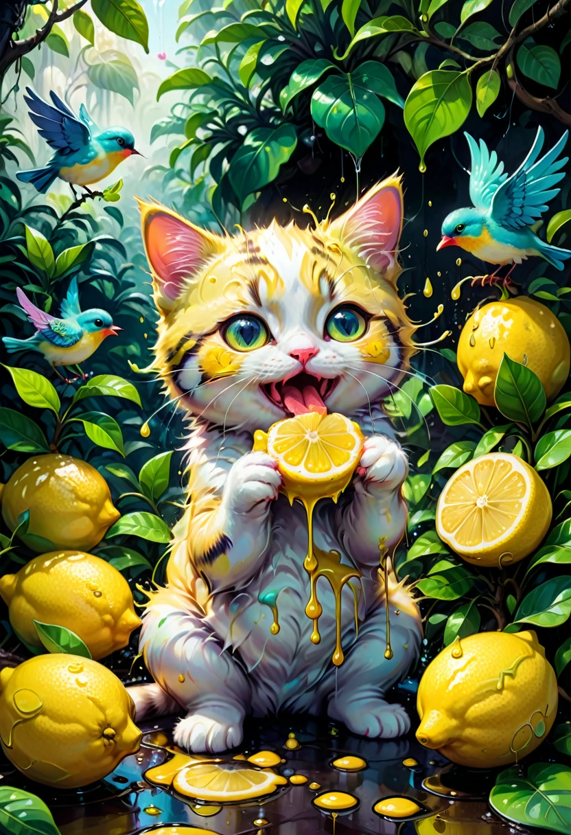 lemon eating challenge, Baby Cat eating a lemon with a kawaii face in a colorful jungle with tiny birds around him, graffiti art, splash art, street art, spray paint, oil gouache melting, acrylic, high contrast, colorful polychromatic, ultra detailed, ultra quality, CGSociety