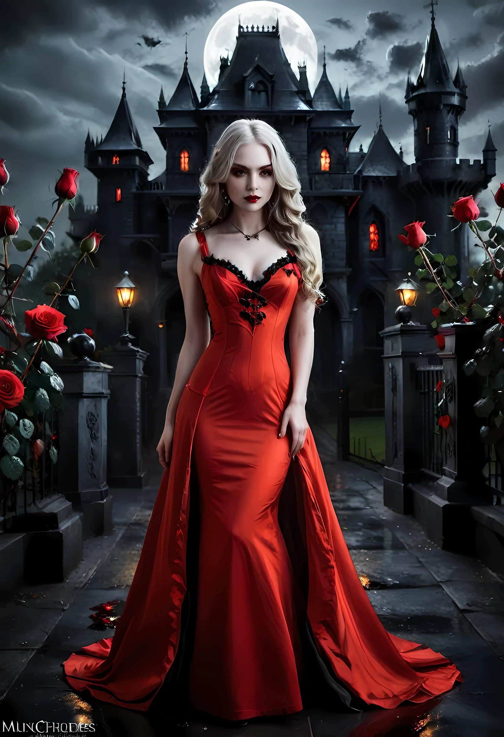 Dark fantasy art, fantasy art, goth art,  a picture of a female vampire, exquisite beauty, full body shot, dark glamour shot,  pale white skin, dark blond hair, long hair, wavy hair, (glowing grey: 1.3) eyes,  she  wears a (red: 1.3) red dress, ArmoredDress, the roses are imprinted on the dress (black: 1.4)  black roses betmd, high heells, dark castle porchm, dark, black and colorm, Dark Art Painting Style