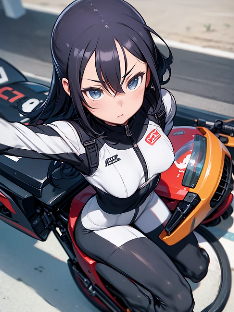 Close-up of a person riding a motorbike on the road、Thick outline, comics, Realistic, One girl, alone, Driving a cart, Holding a blue shell, Death Gaze, Increment Rsln, Hair on one eye, Rsln Biker, biker clothes, Motorcycle Suit, Crown, Bodysuits, gloves, Kart racing, Race Track, Detailed Background, Detailed face, Fine grain,